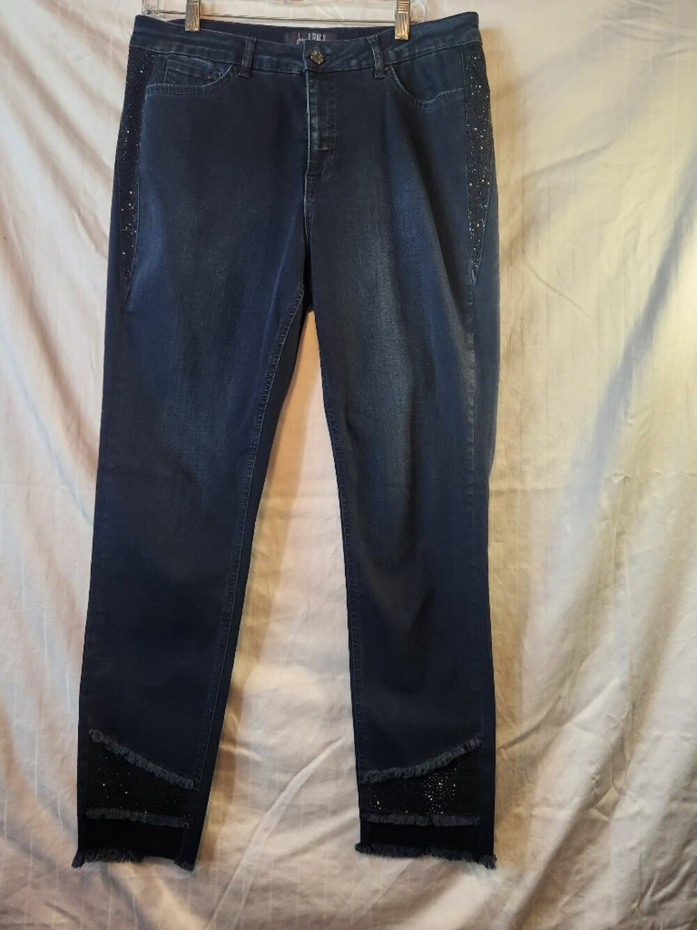 Joseph Ribkoff Rhinestone Embellished Frayed Hem Skinny Jeans Size 14 Indigo